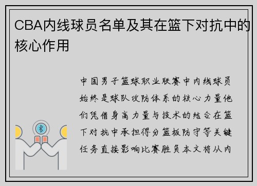 CBA内线球员名单及其在篮下对抗中的核心作用