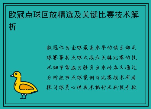 欧冠点球回放精选及关键比赛技术解析